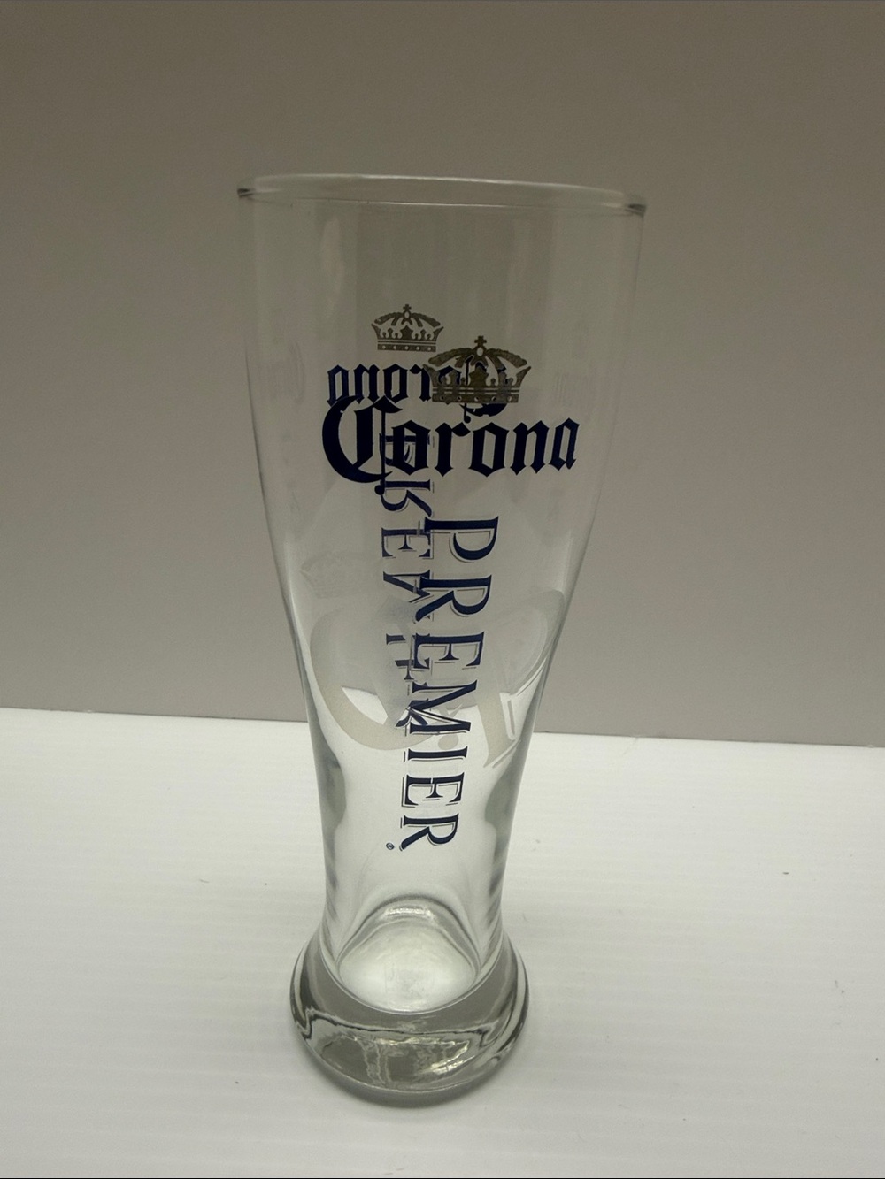 Corona Premier Clear Pilsner Glass with Blue Text and Gold Crown
